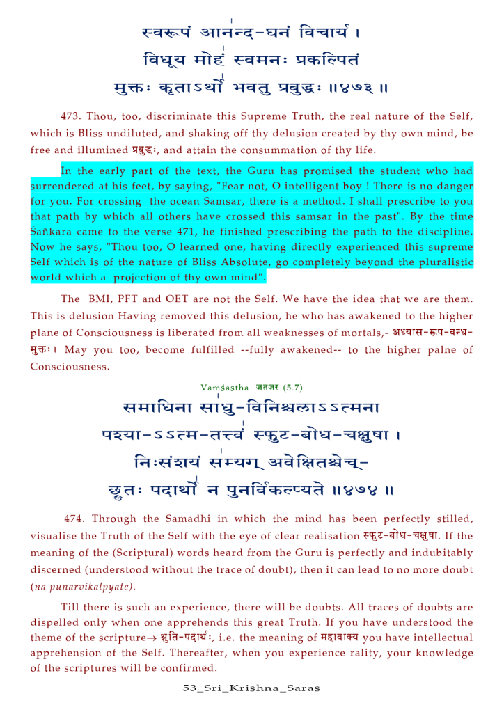 : 11 
473. Thou, too, discriminate this Supreme Truth, the real nature Of the Self, 
which is Bliss undiluted, and shaking Off thy delusion created by thy own mind, be 
free and illumined and attain the consummation of thy life. 
the early part of the text, the Guru has promised the student who h 
rrendered at his feet, by saying, "Fear not, O intelligent boy ! There is no dange 
r you. For crossing the ocean Samsar, there is a method. I shall prescribe to yo 
at path by which all others have crossed this samsar in the past". By the tim 
ankara came to the verse 471, he finished prescribing the path to the disciplin 
ow he says, "Thou too, O learned one, having directly experienced this suprem 
elf which is of the nature of Bliss Absolute. 20 completelv bevond the Dluralist• 
orld whicha oroiection of thv own min 
The BMI, PFT and OET are not the Self. We have the idea that we are them. 
This is delusion Having removed this delusion, he who has awakened to the higher 
plane Of Consciousness is liberated from all weaknesses Of mortals,- 
I May you too, become fulfilled --fully awakened-- to the higher palne of 
Consciousness. 
Vamgastha- (5.7) 
11 
474. Through the Samadhi in which the mind has been perfectly stilled, 
visualise the Truth Of the Self with the eye Of clear realisation If the 
meaning of the (Scriptural) words heard from the Guru is perfectly and indubitably 
discerned (understood without the trace of doubt), then it can lead to no more doubt 
(na punarvikalpyatc). 
Till there is such an experience, there will be doubts. All traces of doubts are 
dispelled only when one apprehends this great Truth. If you have understood the 
theme of the scripture—» i.e. the meaning of you have intellectual 
apprehension of the Self. Thereafter, when you experience rality, your knowledge 
of the scriptures will be confirmed. 
53 _ S r i_Kr is a _ Sar a s 