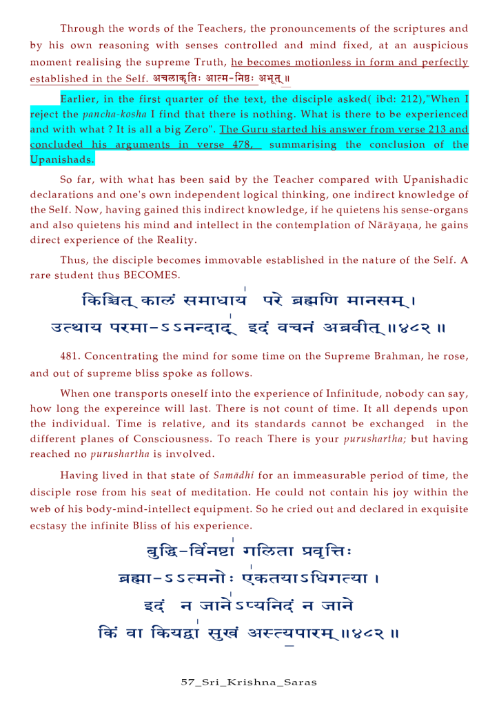 Through the words Of the Teachers, the pronouncements Of the scriptures and 
by his own reasoning with senses controlled and mind fixed, at an auspicious 
moment realising the supreme Truth, he becomes motionless in form and perfectly 
established in the self. 
rlier, in the first quarter Of the text, the disciple asked( ibd: 212),"When 
ject the pancha-kosha I find that there is nothing. What is there to be experience 
nd with what ? It is all a big Zero". The Guru ar ed hi an wer fr m ver e 213 an 
ncluded hi ar umen 
in ver e 47 
ummari 
d 
So far, with what has been said by the Teacher compared with Upanishadic 
declarations and one's own independent logical thinking, one indirect knowledge of 
the Self. Now, having gained this indirect knowledge, if he quietens his sense-organs 
and also quietens his mind and intellect in the contemplation of Näräyana, he gains 
direct experience of the Reality. 
Thus, the disciple becomes immovable established in the nature of the Self. A 
rare student thus BECOMES. 
CRJ4T—S Il 
481. Concentrating the mind for some time on the Supreme Brahman, he rose, 
and out of supreme bliss spoke as follows. 
When one transports oneself into the experience Of Infinitude, nobody can say, 
how long the expereince will last. There is not count Of time. It all depends upon 
the individual. Time is relative, and its standards cannot be exchanged in the 
different planes Of Consciousness. TO reach There is your purushnrthn; but having 
reached no purusharthn is involved. 
Having lived in that state Of Samädhi for an immeasurable period Of time, the 
disciple rose from his seat Of meditation. He could not contain his joy within the 
web of his body-mind-intellect equipment. So he cried out and declared in exquisite 
ecstasy the infinite Bliss of his experience. 